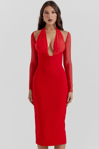 Halter Plunge Ruched Mesh Cold Shoulder Long Sleeve Bodycon Midi Dress