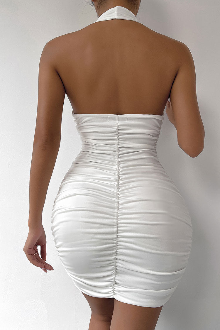 Halter Deep V Ruched Bodycon Mini Dress