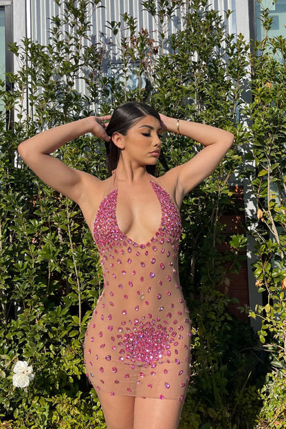 Halter Neck Sheer Mesh Rhinestone Embellished Bodycon Mini Dress