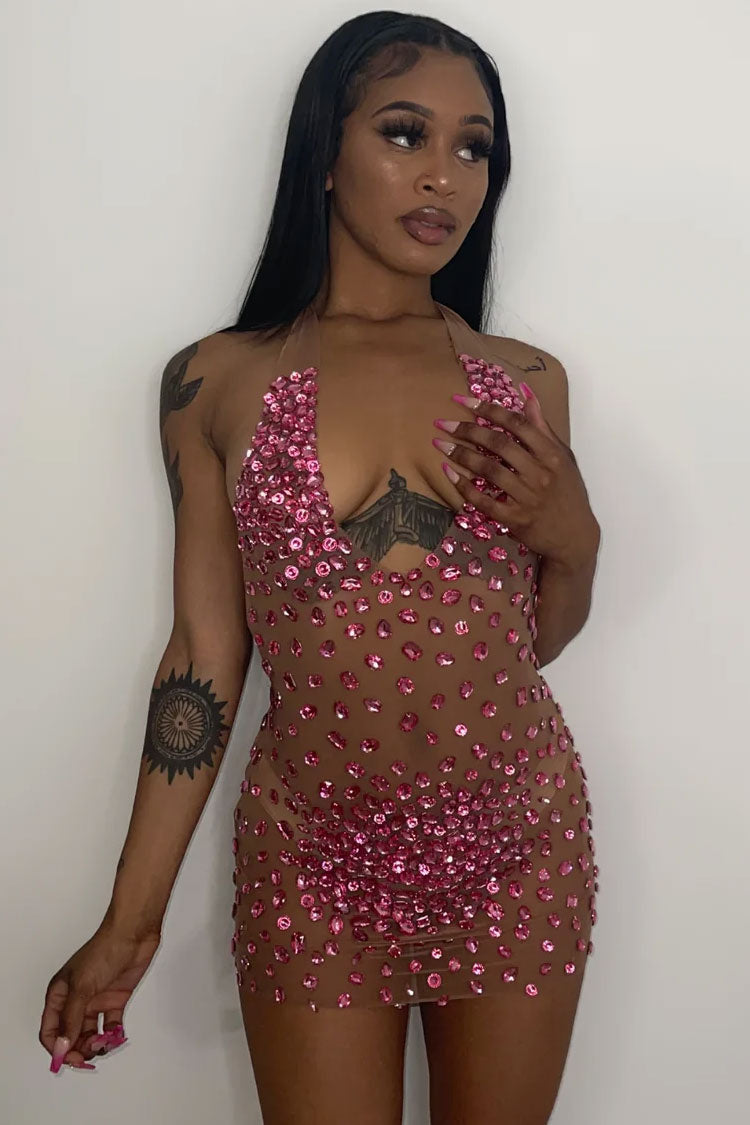 Halter Neck Sheer Mesh Rhinestone Embellished Bodycon Mini Dress