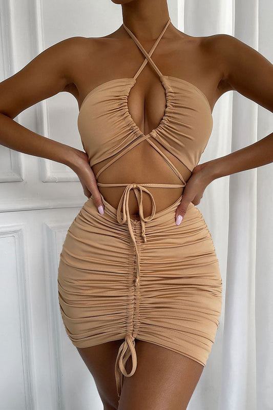 Halter Neck X Strap Cutout Drawstring Ruched Bodycon Mini Dress