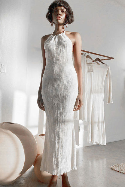 Crumpled Texture Halter Neck Column Maxi Dress