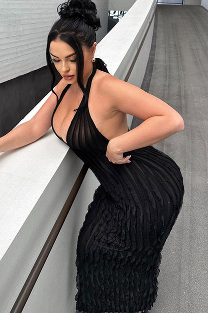 Halter Semi Sheer Ruffle Tiered Bodycon Maxi Dress