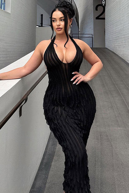 Halter Semi Sheer Ruffle Tiered Bodycon Maxi Dress