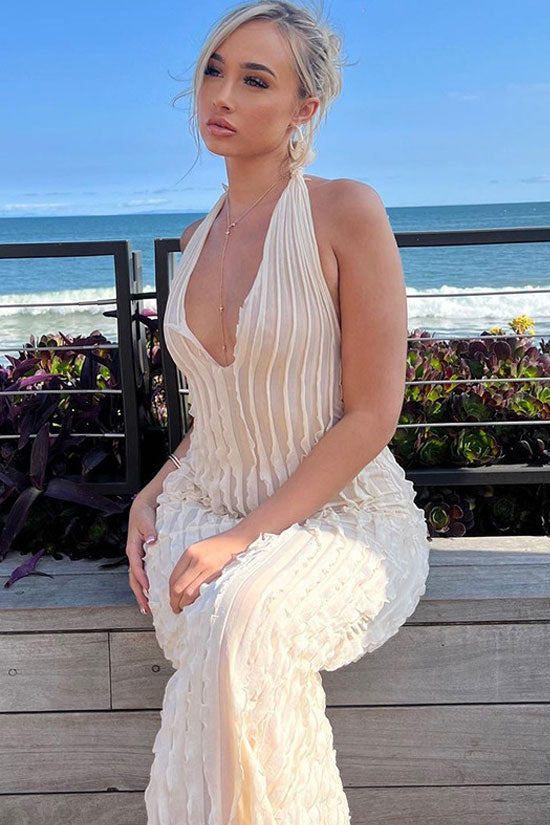 Halter Plunge Neck Vertical Ruffle Fringe Sheer Mesh Bodycon Maxi Dress