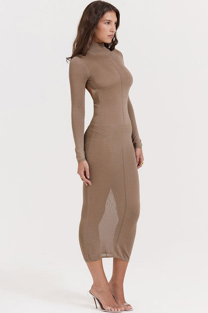 Mock Neck Long Sleeve Back Cutout Ribbed Knit Bodycon Midi Dress