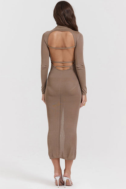 Mock Neck Long Sleeve Back Cutout Ribbed Knit Bodycon Midi Dress