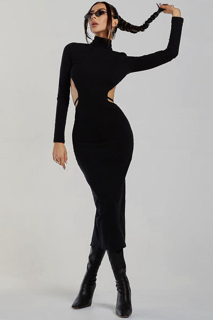 Turtleneck Long Sleeve Side Cutout Strap Detail Bodycon Maxi Dress