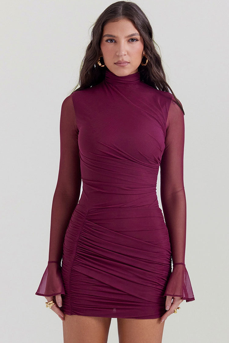 Mock Neck Mesh Bell Cuff Ruched Bodycon Mini Dress