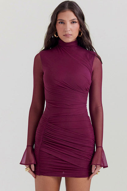 Mock Neck Mesh Bell Cuff Ruched Bodycon Mini Dress