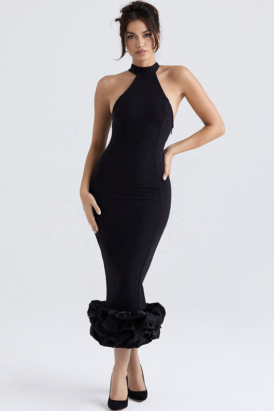 Halter Neck Sleeveless Ruffle Tiered Flounce Hem Bodycon Midi Dress