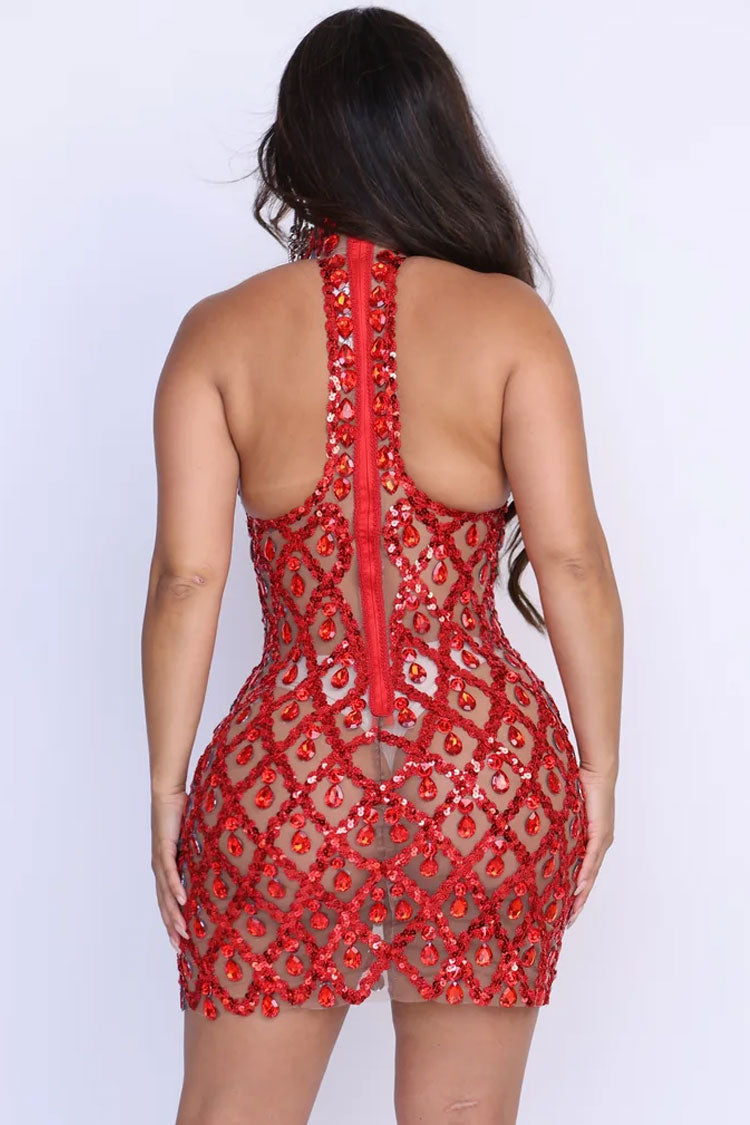 Mock Neck Sleeveless Rhinestone Lattice Illusion Mesh Bodycon Mini Dress