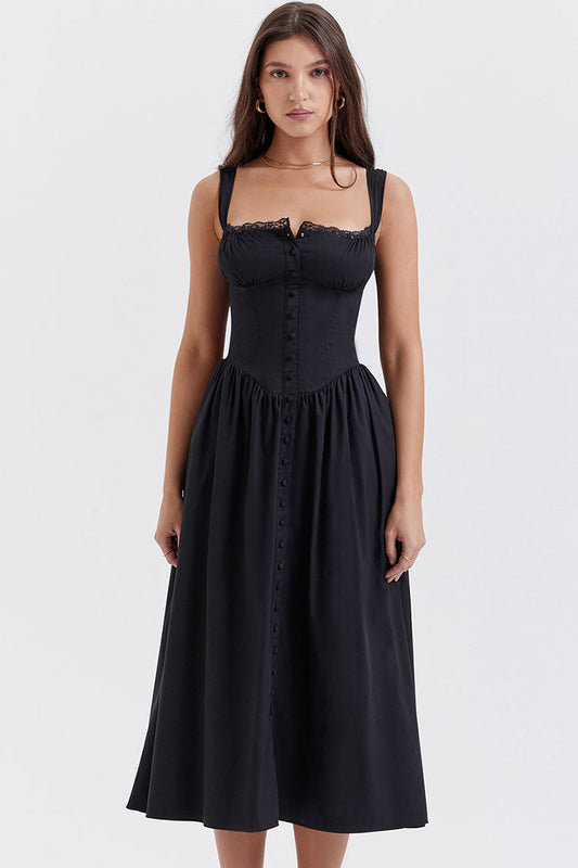 Square Neck Lace Trim Button Front Fit and Flare Midi Dress