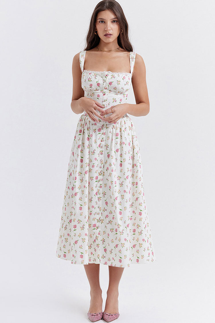 Square Neck Corset Bodice Button Front Ditsy Floral Fit and Flare Midi Dress