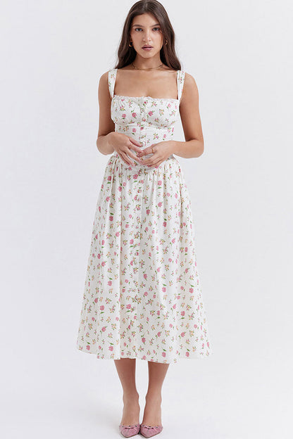 Square Neck Corset Bodice Button Front Ditsy Floral Fit and Flare Midi Dress