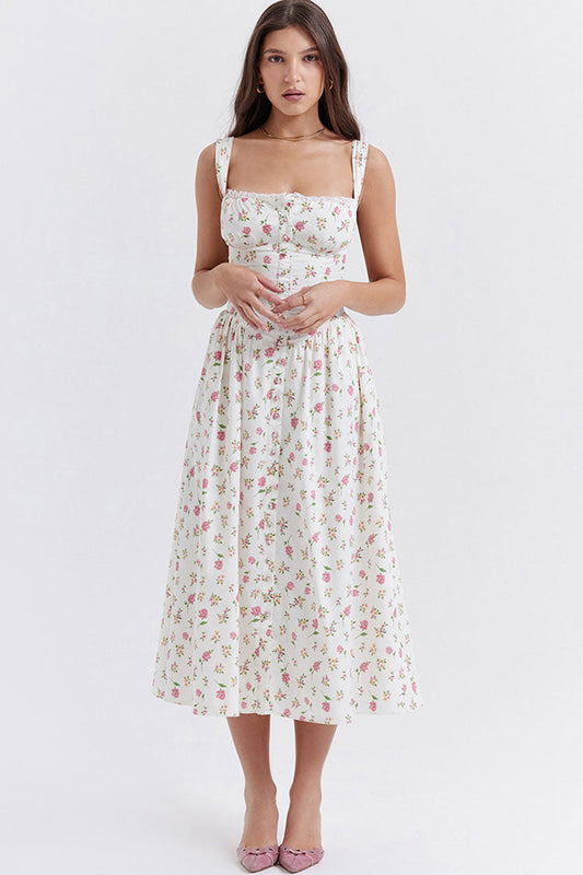 Square Neck Corset Bodice Button Front Ditsy Floral Fit and Flare Midi Dress