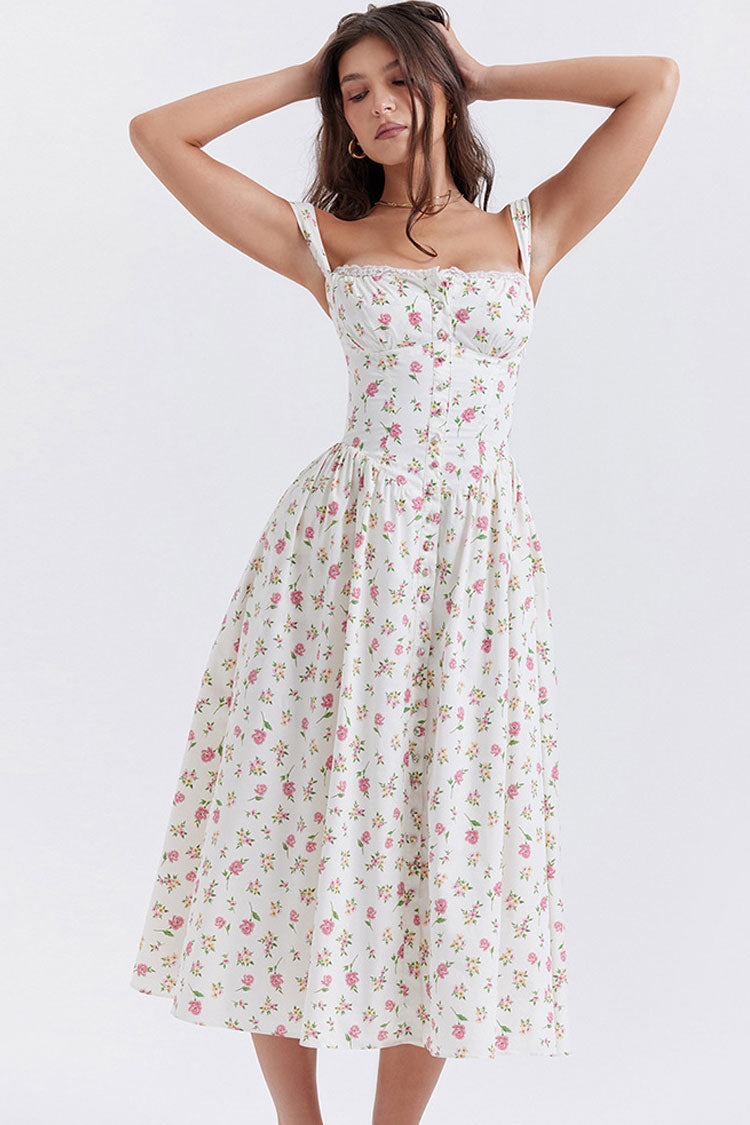 Square Neck Corset Bodice Button Front Ditsy Floral Fit and Flare Midi Dress
