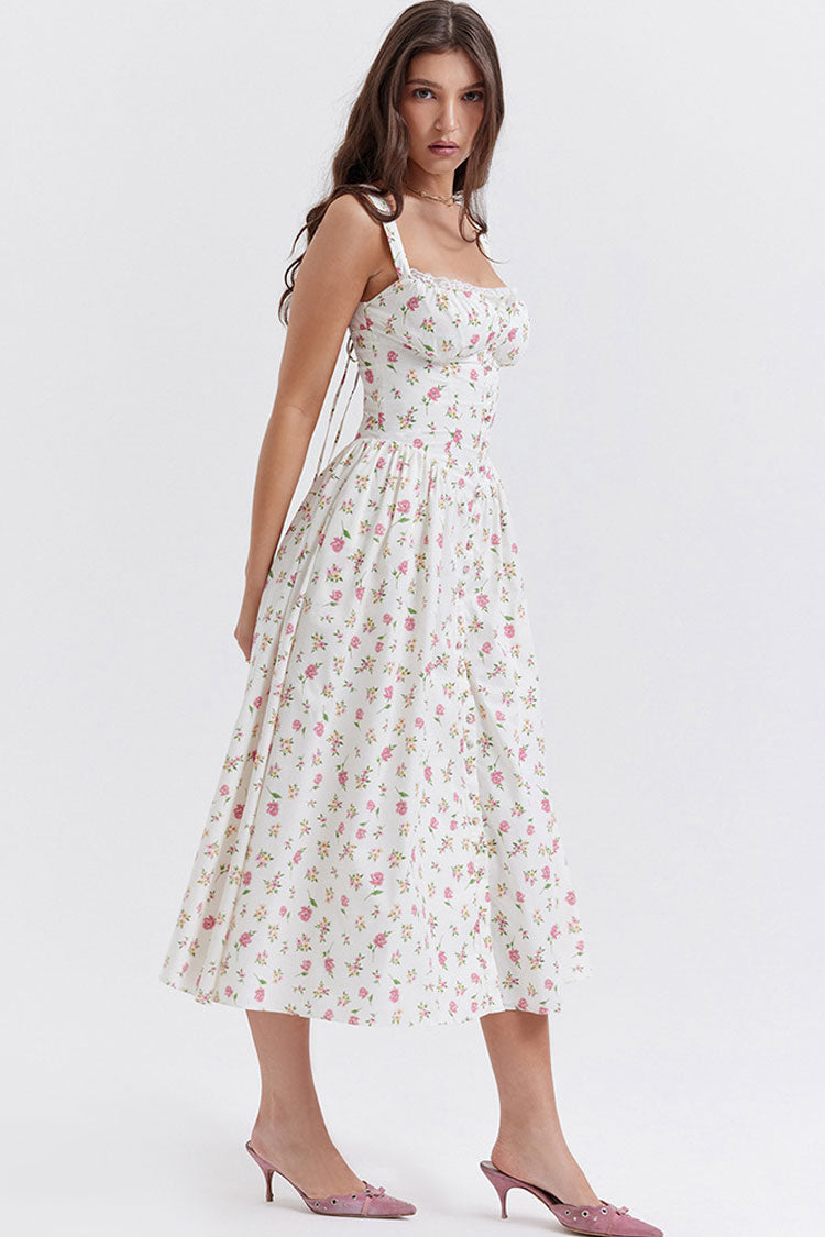 Square Neck Corset Bodice Button Front Ditsy Floral Fit and Flare Midi Dress