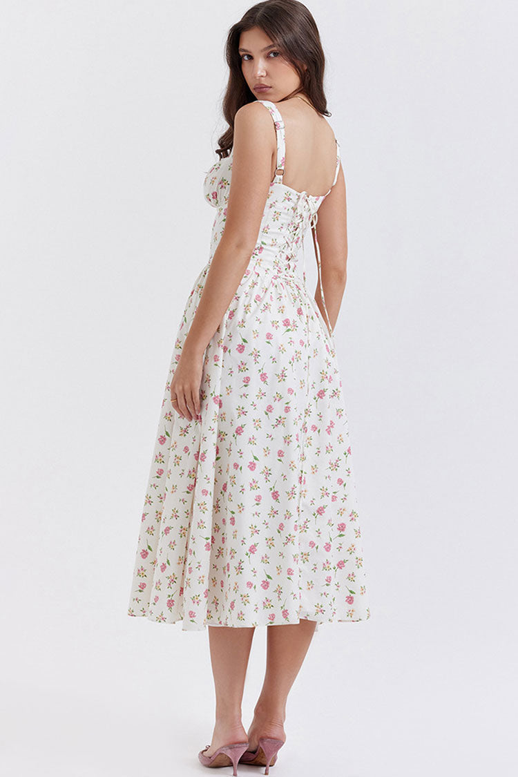 Square Neck Corset Bodice Button Front Ditsy Floral Fit and Flare Midi Dress
