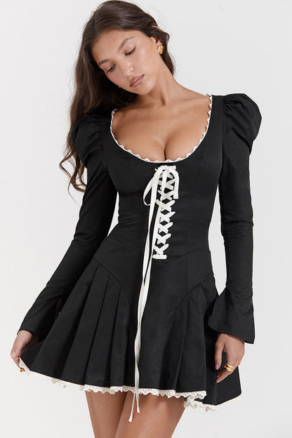 Scoop Neck Lace-Up Puff Sleeve Ruffle Hem Fit and Flare Mini Dress