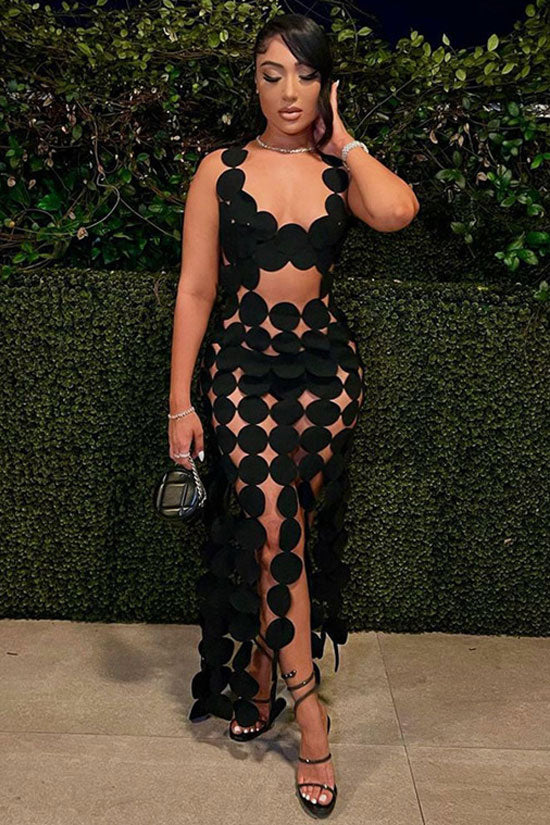 Circle Cut Out Spaghetti Strap Sheer Mesh Fringe Maxi Dress