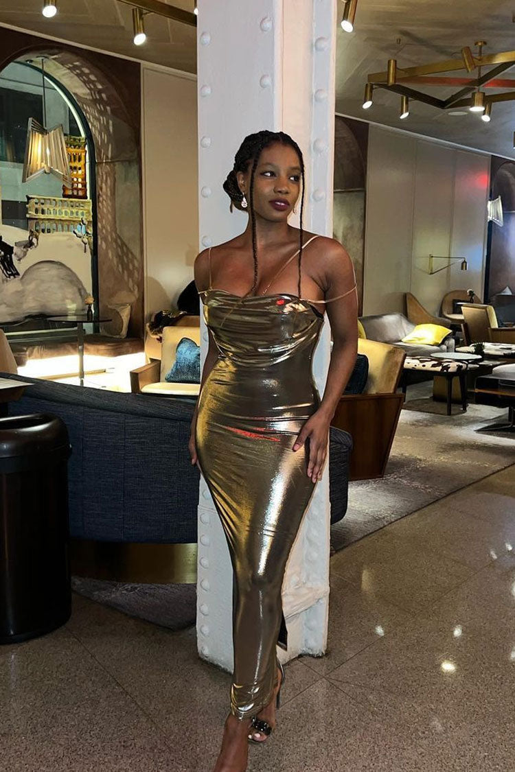 Metallic Cowl Sweetheart Chain Strap Bodycon Maxi Dress