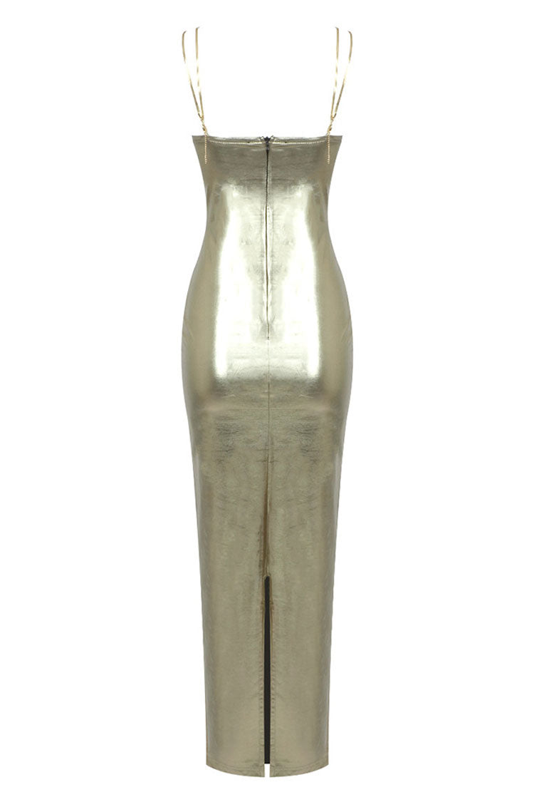 Metallic Cowl Sweetheart Chain Strap Bodycon Maxi Dress