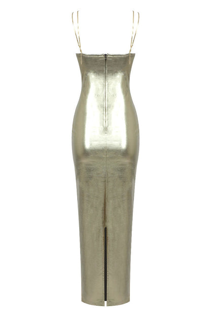 Metallic Cowl Sweetheart Chain Strap Bodycon Maxi Dress