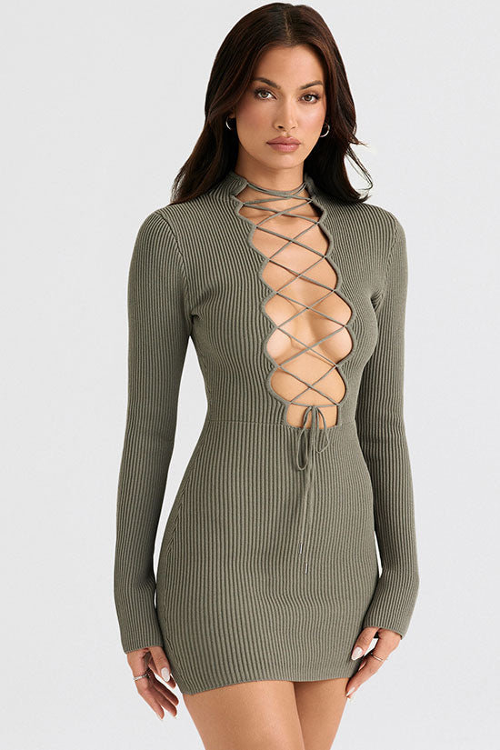 Rib Knit Mock Neck Lace Up Front Cut Out Long Sleeve Bodycon Mini Dress