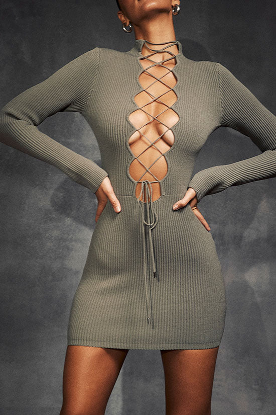 Rib Knit Mock Neck Lace Up Front Cut Out Long Sleeve Bodycon Mini Dress