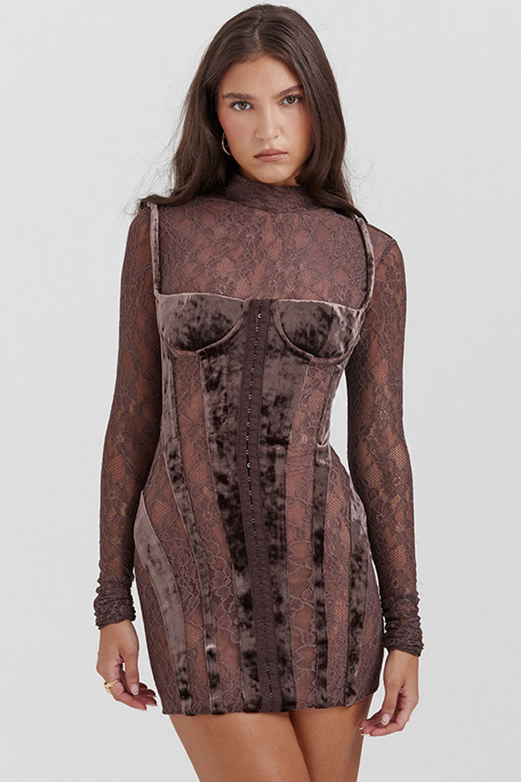 Mock Neck Lace Long Sleeve Velvet Corset Hook-Front Mini Dress