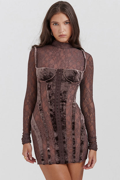 Mock Neck Lace Long Sleeve Velvet Corset Hook-Front Mini Dress