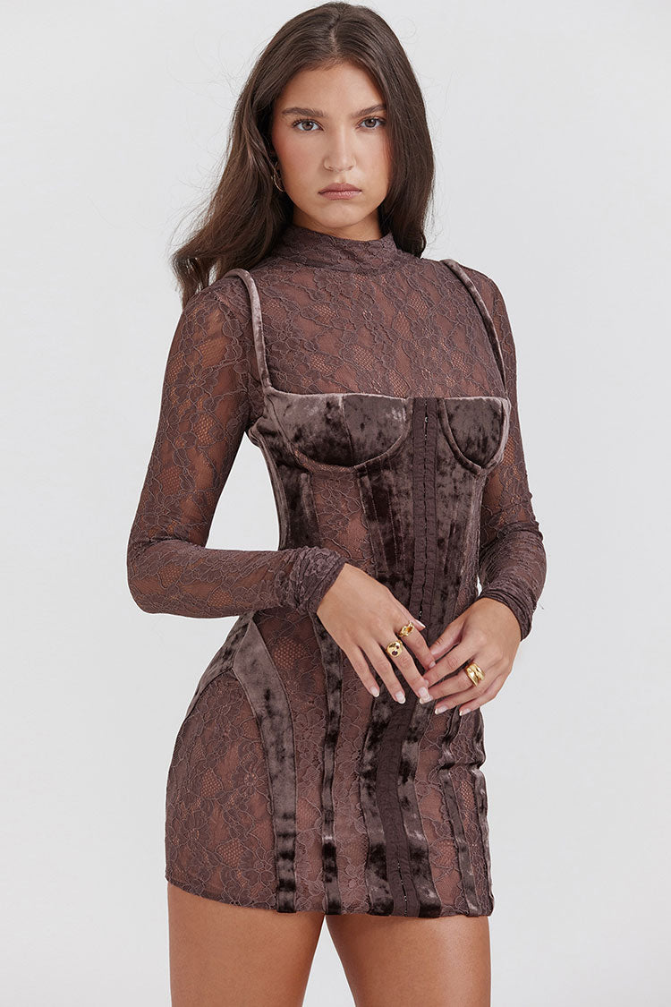Mock Neck Lace Long Sleeve Velvet Corset Hook-Front Mini Dress