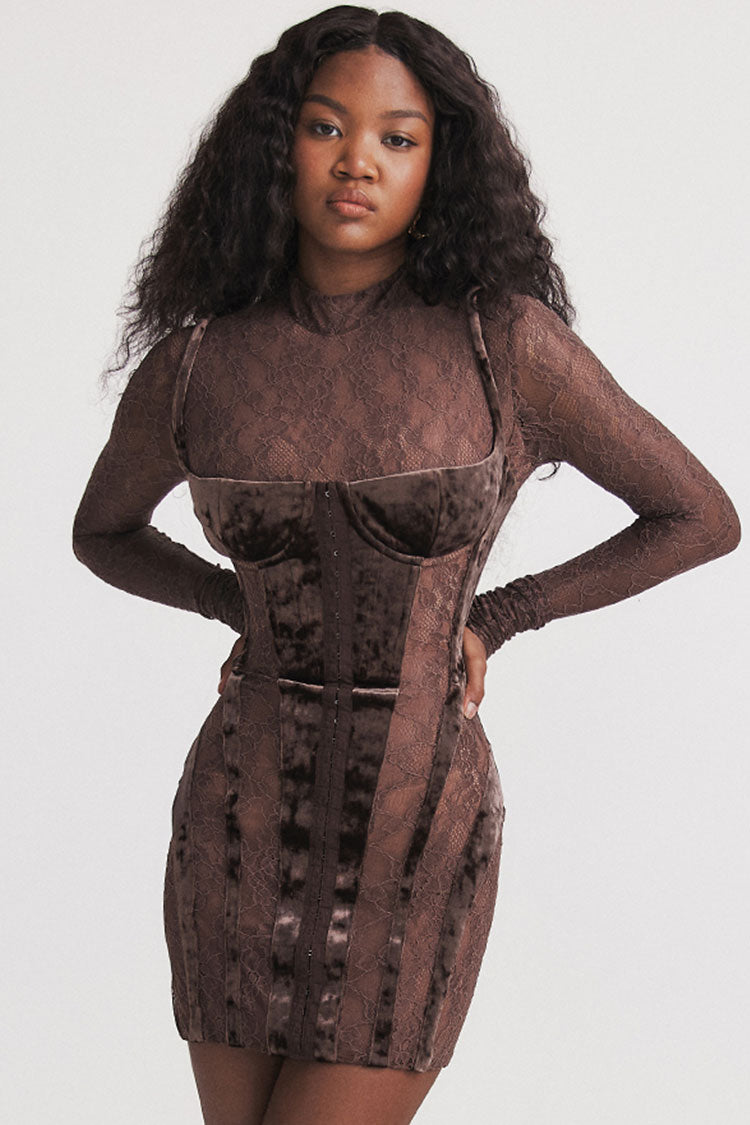Mock Neck Lace Long Sleeve Velvet Corset Hook-Front Mini Dress