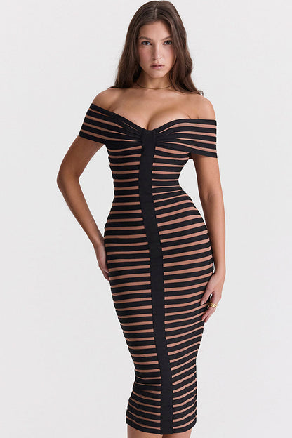 Contrast Stripe Bandage Off-Shoulder Sweetheart Bodycon Midi Dress