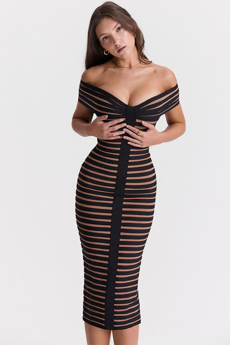 Contrast Stripe Bandage Off-Shoulder Sweetheart Bodycon Midi Dress