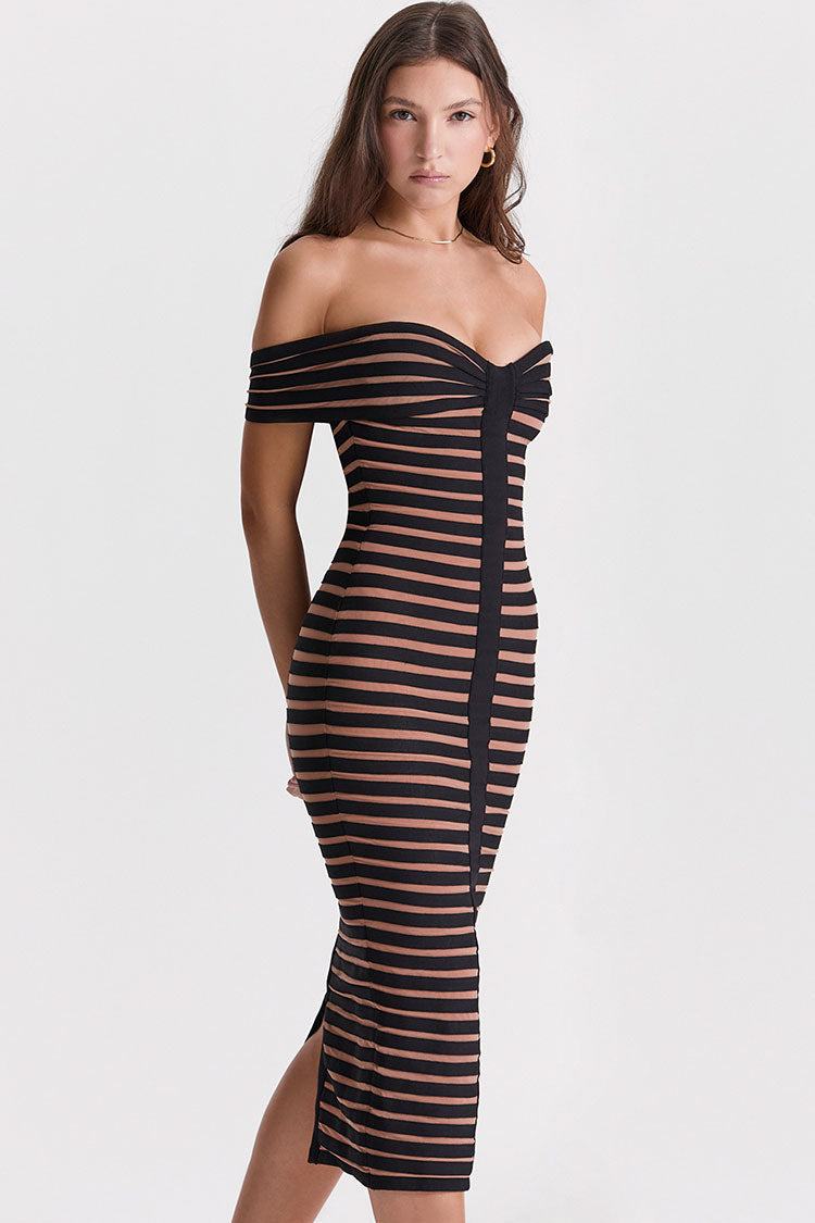 Contrast Stripe Bandage Off-Shoulder Sweetheart Bodycon Midi Dress