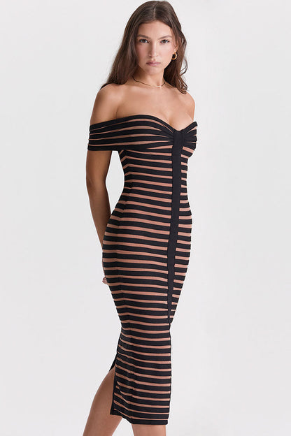 Contrast Stripe Bandage Off-Shoulder Sweetheart Bodycon Midi Dress