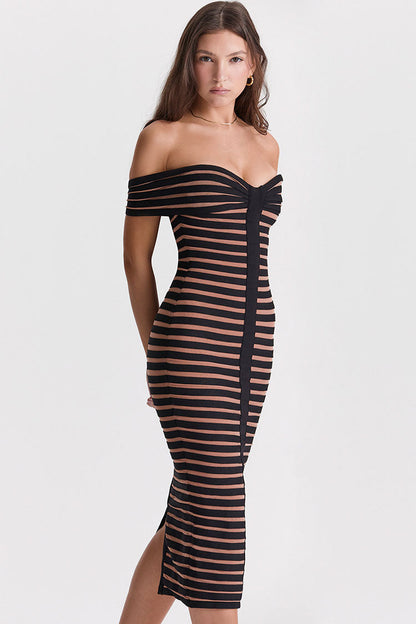 Contrast Stripe Bandage Off-Shoulder Sweetheart Bodycon Midi Dress