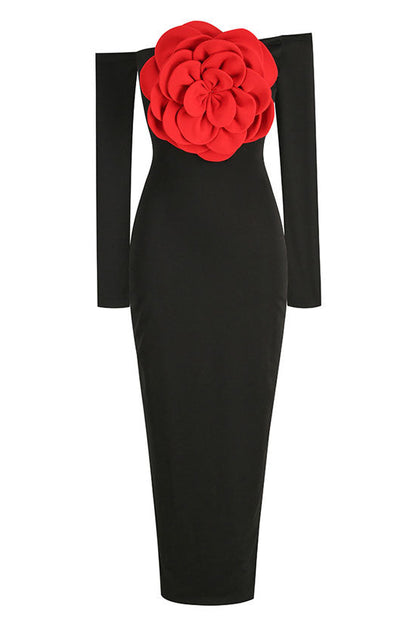 Off-Shoulder 3D Rosette Applique Long Sleeve Bodycon Maxi Dress