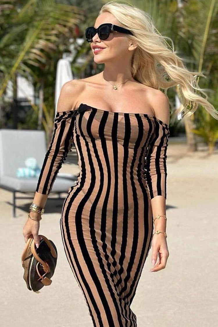 Off Shoulder Striped Mesh Panel Long Sleeve Bodycon Midi Dress