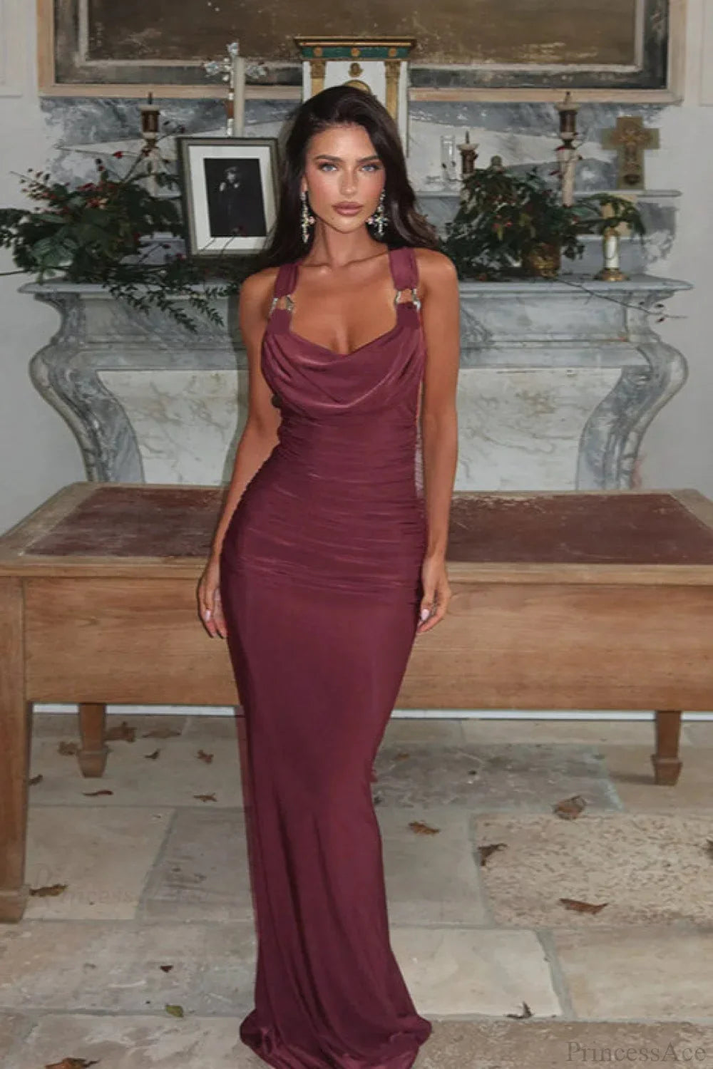 Sexy Peter Pan Halter Backless Bodycon Maxi Dress