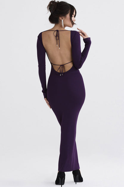 Ribbed Knit Deep V-Neck Keyhole Cutout Long Sleeve Bodycon Maxi Dress