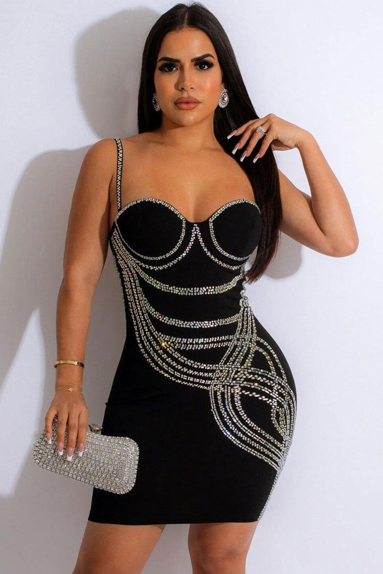 Sweetheart Rhinestone Swirl Trim Spaghetti Strap Bustier Bodycon Mini Dress