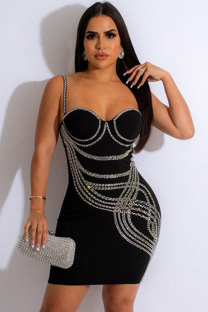 Sweetheart Rhinestone Swirl Trim Spaghetti Strap Bustier Bodycon Mini Dress