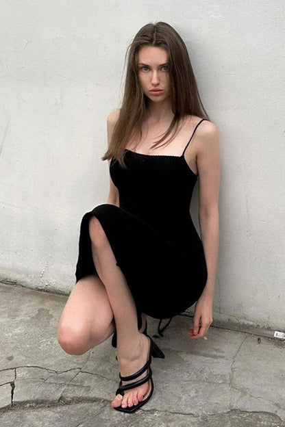 Square Neck Rib Knit Spaghetti Strap Side Slit Bodycon Midi Dress
