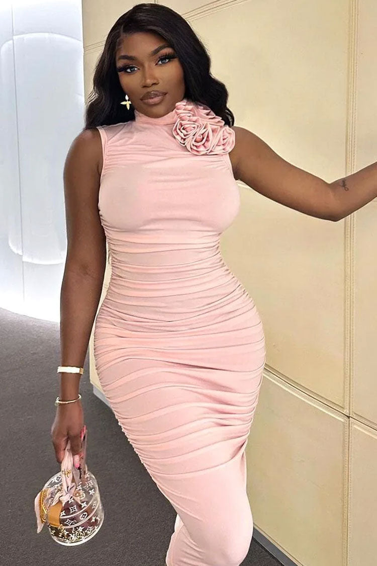 Mock Neck Rosette Applique Horizontal Ruched Bodycon Midi Dress