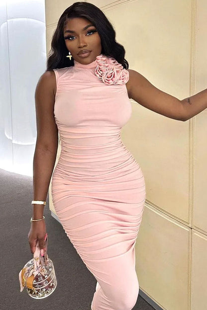 Mock Neck Rosette Applique Horizontal Ruched Bodycon Midi Dress