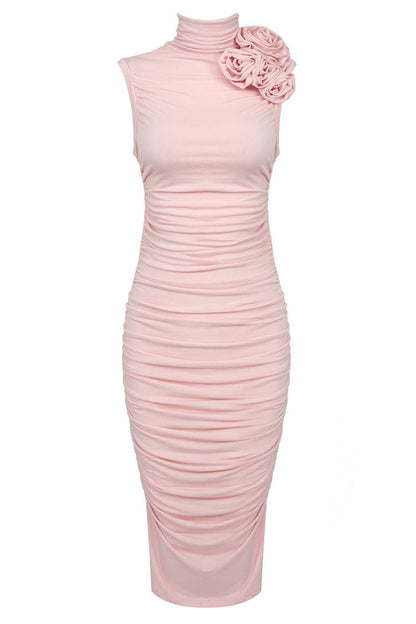 Mock Neck Rosette Applique Horizontal Ruched Bodycon Midi Dress