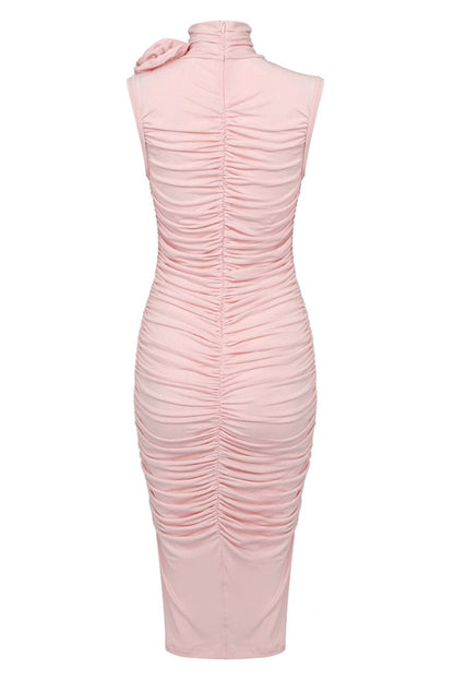 Mock Neck Rosette Applique Horizontal Ruched Bodycon Midi Dress